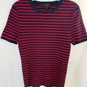 Zara Women’s Short Sleeve Navy and Red Striped Shirt